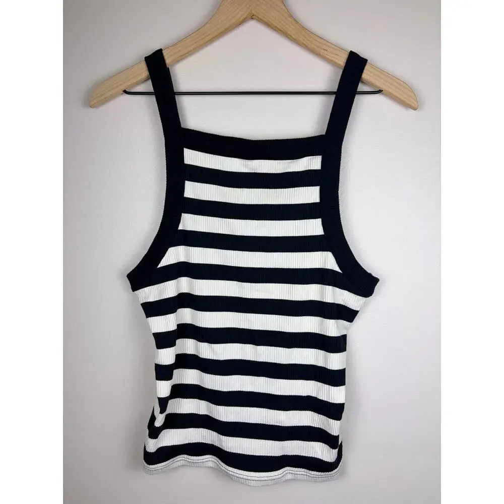 J.Crew Black White Striped Ribbed Square Neck Tank Top Large